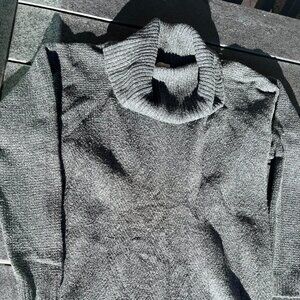 SZM CAbi Campfire Pullover Sweater. Grey. Knit pattern accent. Cowel neck.